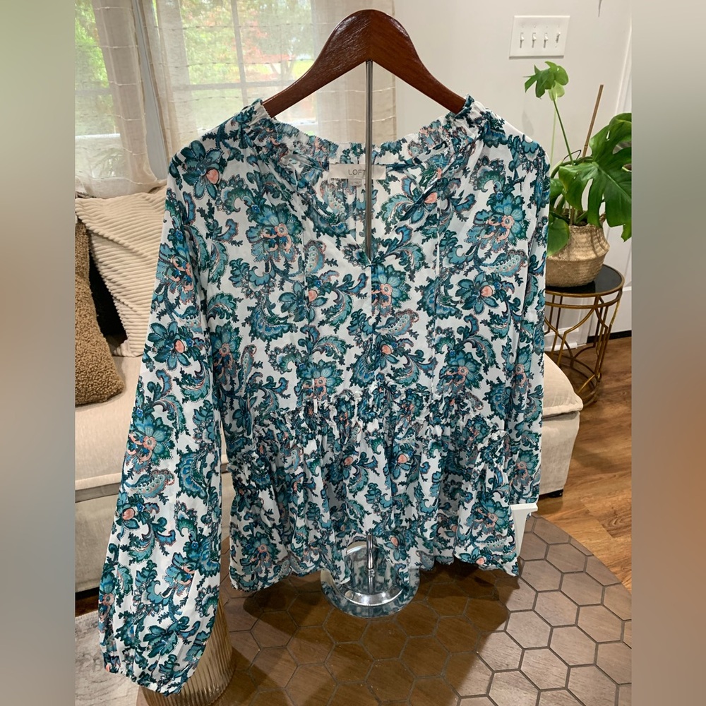 LOFT Green Pink Peplum Boho Top